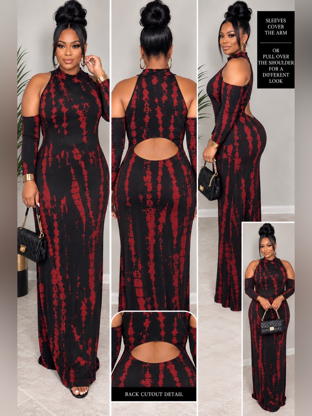 Women's Red & Black Cutout Maxi Dress - Cold Shoulder